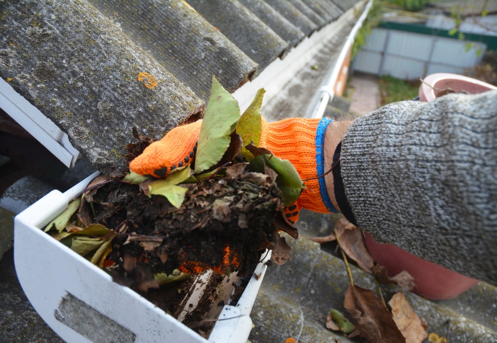A Man Is Cleaning Dirt From A Clogged Roof Gutter.