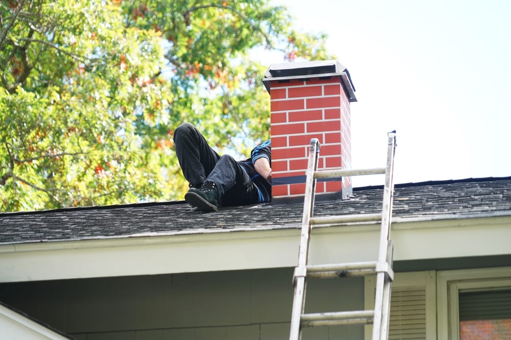 Worker Repairing Chimney On The Roof