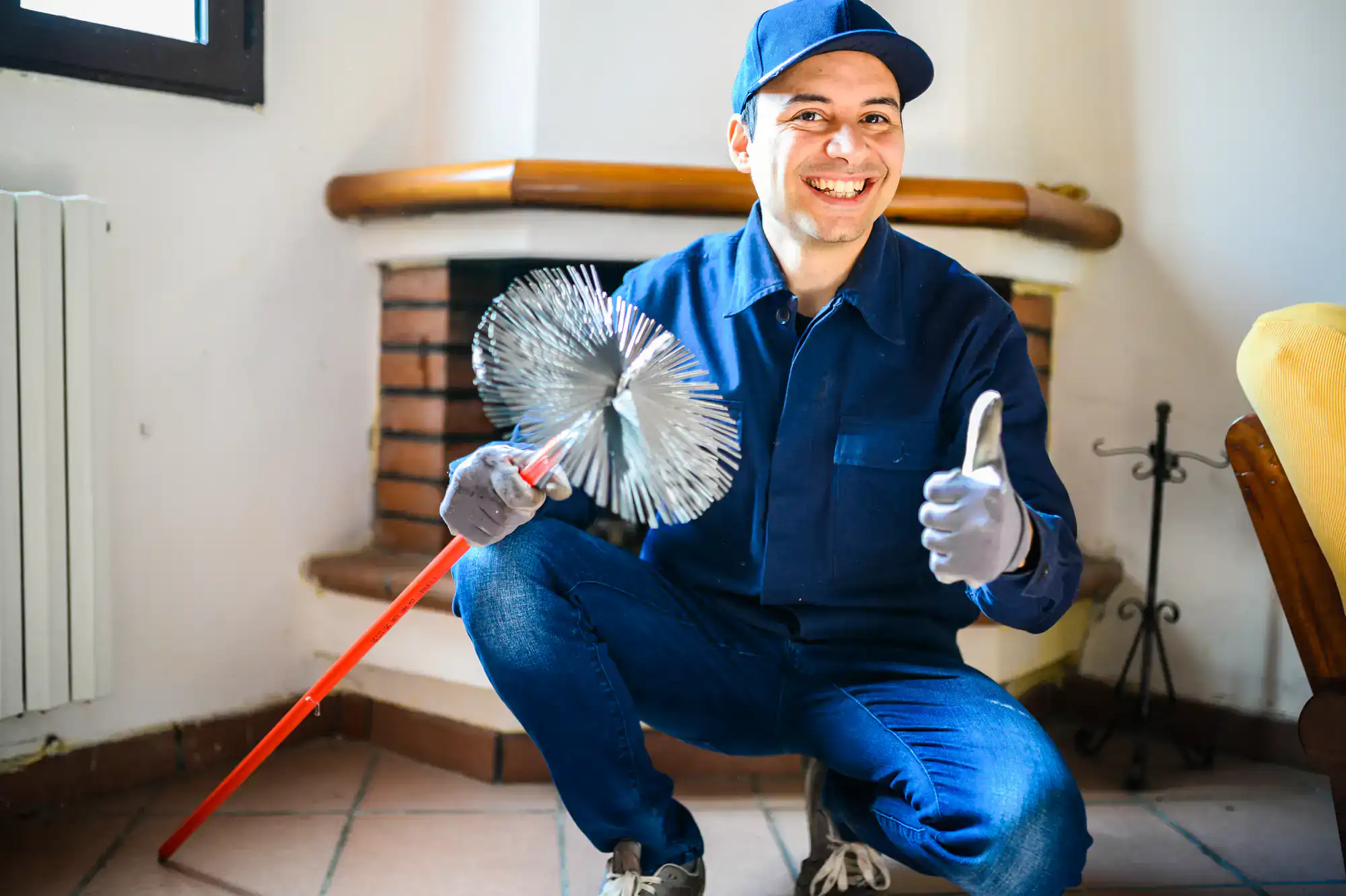 Chimney sweep giving a thumbs up in Suffolk County, NY, showcasing SkyLuxe Construction's professional chimney cleaning and repair services