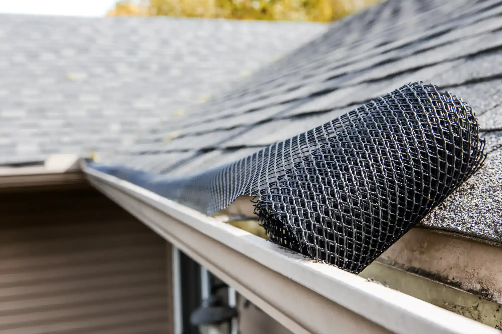 A close-up view of a house roof with a partially installed black mesh gutter guard, showing the protection over the gutter to prevent debris from entering.