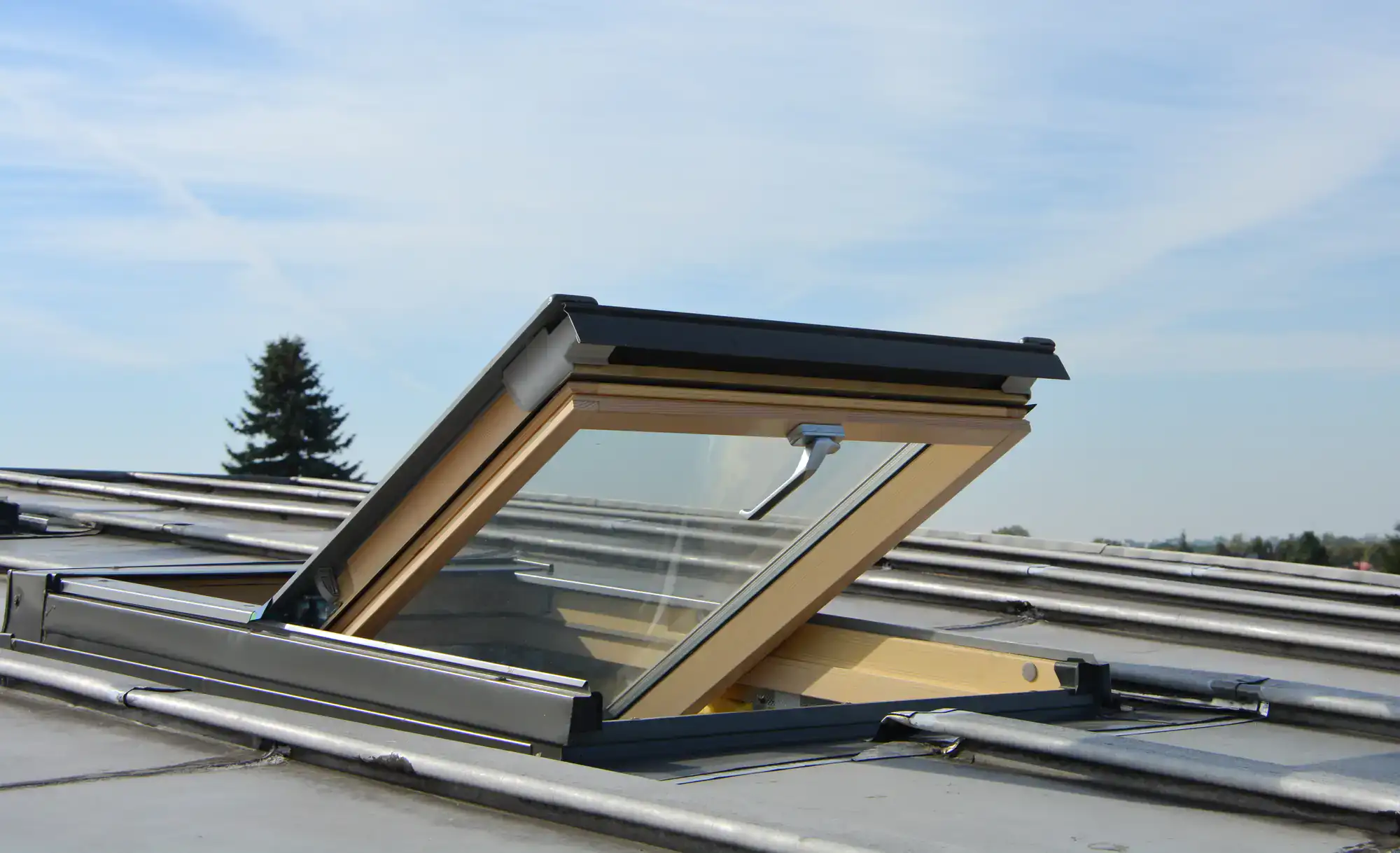 A roof window or skylight is open on a metal roof, allowing fresh air and light inside. A tree and blue sky with wispy clouds are visible in the background.